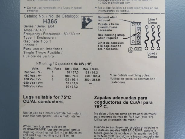 400 Amp. Square D, H365, Fusible Disconnect Switch, 3 Pole, 600 Volts - Image 6