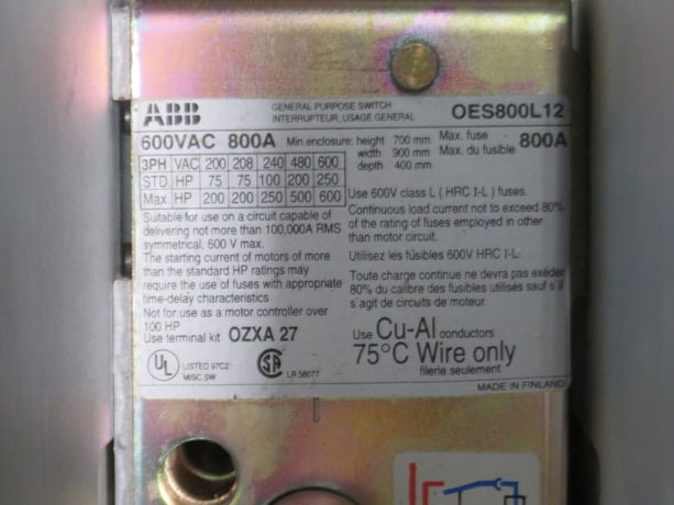 800 Amp. ABB, OES800L12, Fusible Disconnect Switch, 3 Pole, 600 Volts - Image 4