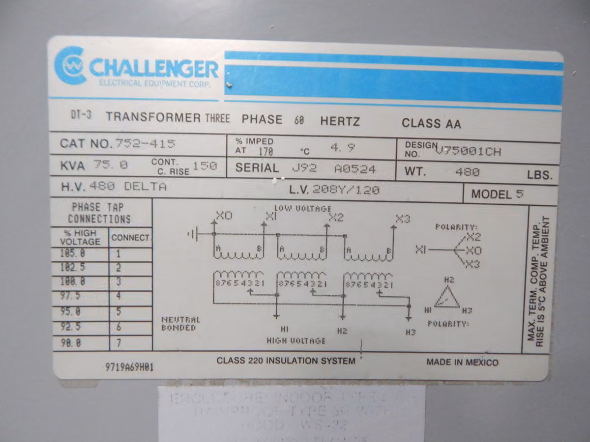 75 KVA 480 Primary, 208Y/120 Secondary, Challenger 752-415, dry type transformer, 3 Phase - Image 5