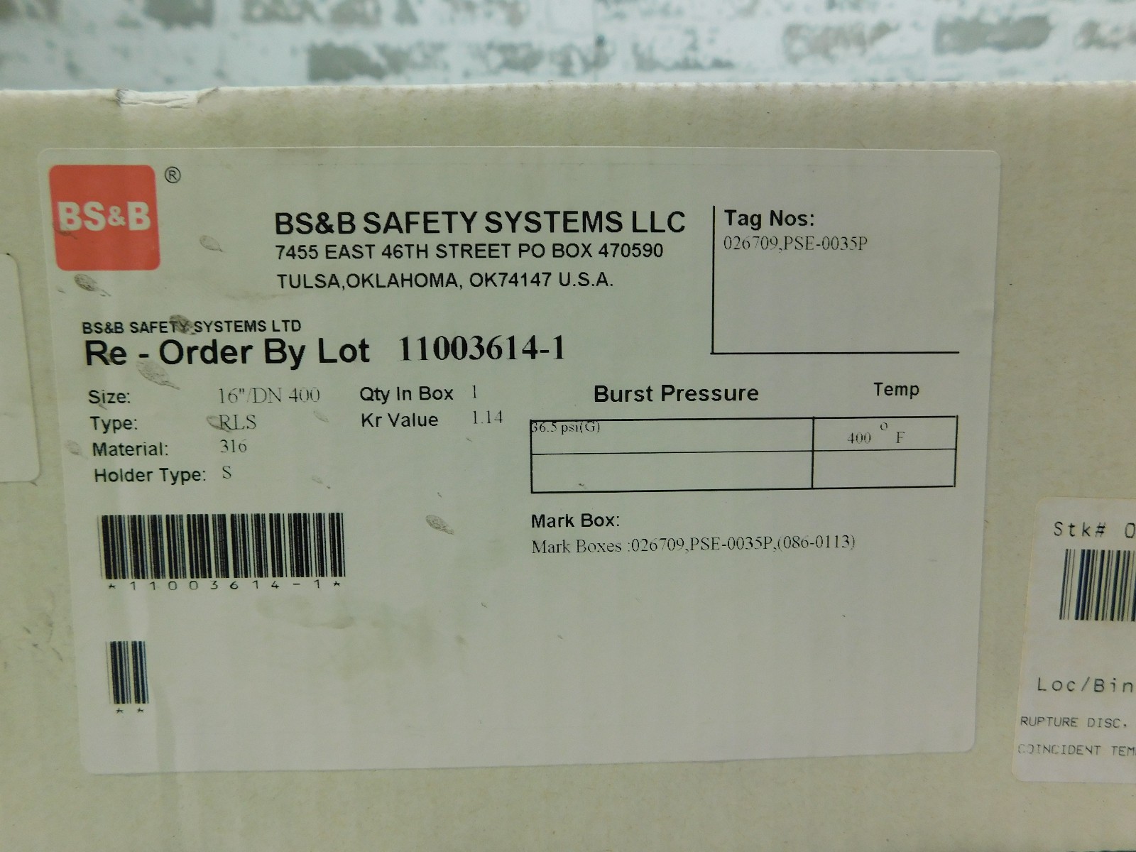 16 BS & B #RLS, Rupture Disk, 316 Stainless Steel, 36.5 PSIG, 1.14 KRG, 5.83 KRL, new - Image 3