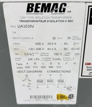 30 KVA 600 Delta Primary, 120Y/208 Secondary, Bemag - Image 4