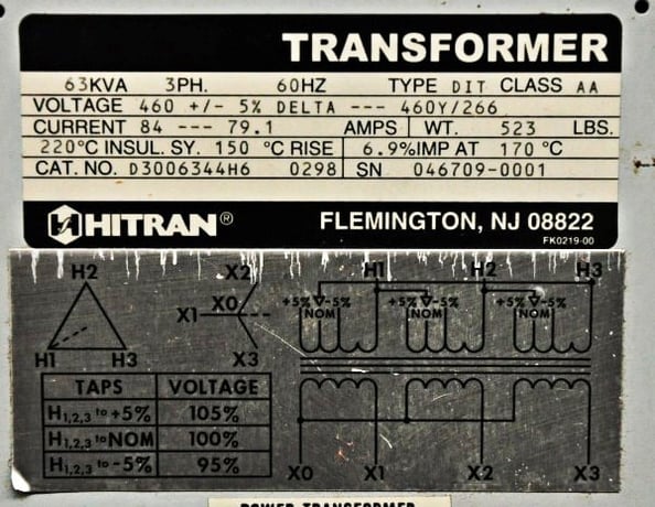 63 KVA 460Delta Primary, 460Y/266 Secondary, Hitran, Transformer, 3ph - Image 4