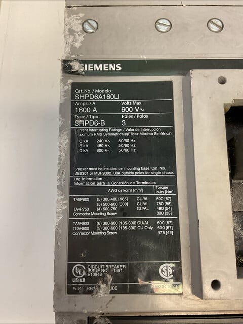 1600 Amp Siemens #SHPD6A16DLI, Sensitrip IV Electronic Circuit Breaker - Image 2
