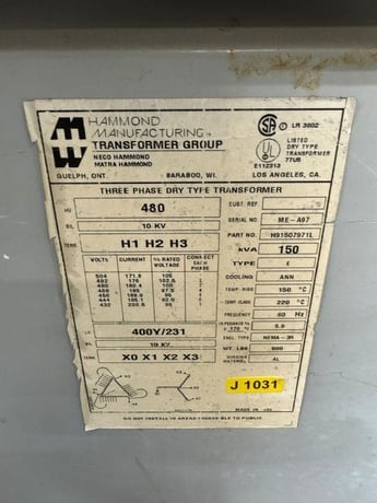 150 kVA 480 Delta Primary, 400Y/231 Secondary, Hammond, Isolation Type - Image 4