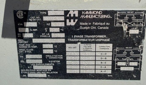 15 KVA 120 Primary, 120/120/240 Secondary, Hammond, Isolation Type - Image 3