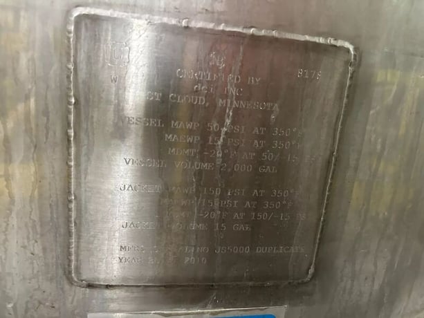 2000 gallon DCI, sanitary reactor/fermenter, 316L Stainless Steel, 50 psi/FV @ 350°F, 150 psi/FV @ 350°F - Image 5