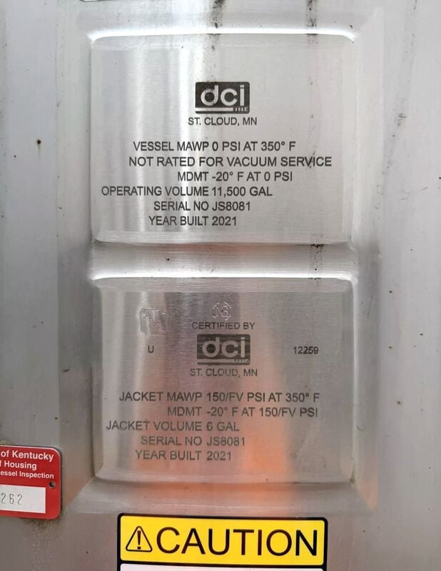 11500 gallon DCI, Stainless Steel jacketed tank, dished top & bottom, 11' diameter x 17' T/T, 22' 6" OAH, 150 - Image 3