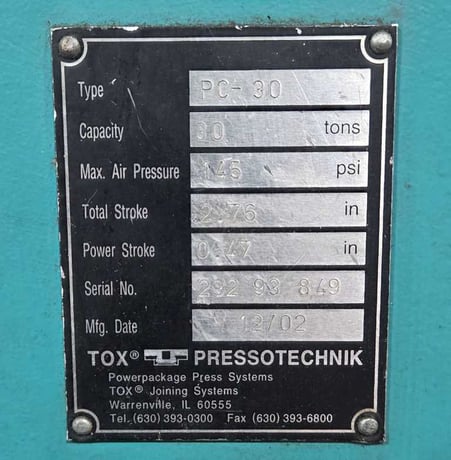 30 Ton, TOX #PG-30, C-frame hydraulic press, 2.7" stroke, 23.4" x 17.5" bed, 145 PSI max air, 2002 - Image 2