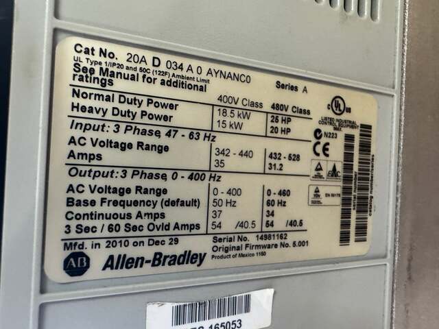 Allen-Bradley 20AD034A0AYNANC0 Variable Frequency Drive 480V AC 3-Phase 01542 - Image 7