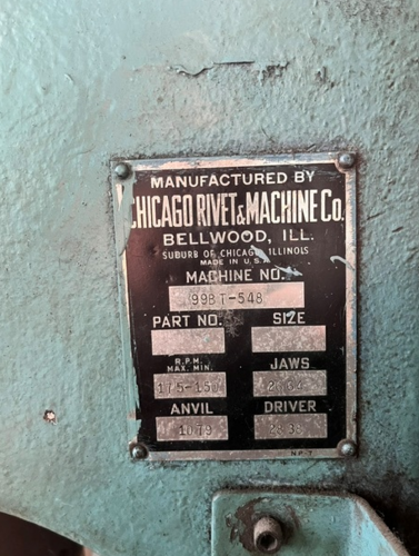 Chicago #99BT, 3/16" dia., for long rivet - 3" max length, 4-1/2" stroke, 12" throat, continuous blade feed - Image 4