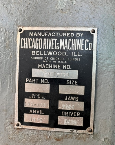 Chicago #99BT, 3/16" dia., for long rivet - 3" max length, 4-1/2" stroke, 12" throat, continuous blade feed - Image 8