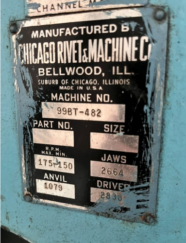 Chicago #99BT, 3/16" dia., for long rivet - 3" max length, 4-1/2" stroke, 12" throat, continuous blade feed - Image 10