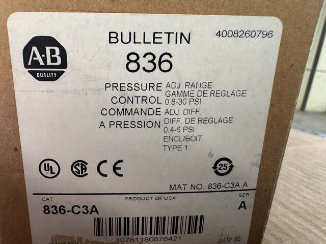 Allen-Bradley #836-C3A, Pressure Control Switch, 0.8-30 PSI, 1/4" NPTF Female, NEMA Type 1, SPST, NEW - Image 5