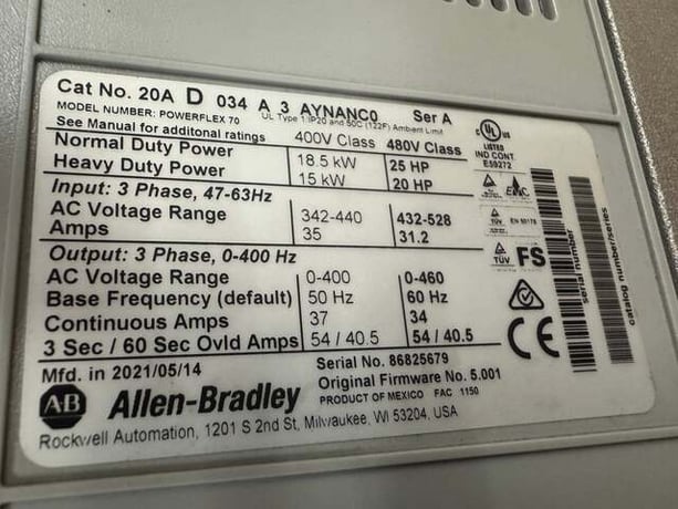 25 HP Allen-Bradley #20AD034A3AYNANC0, PowerFlex 70, AC Drive, 480 Volts, 3 phase - Image 7