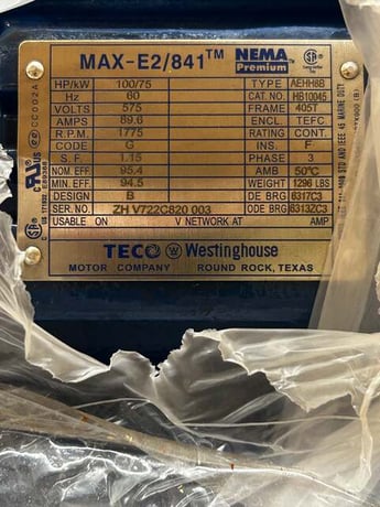 100 HP 1775 RPM TECO Westinghouse #HB10045, Frame 405T, TEFC, 575 Volts, 3 phase - Image 3