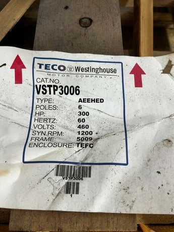 300 HP 1200 RPM TECO Westinghouse #VSTP3006, Frame 5009, TEFC, 460 Volts, Vertical Hollow Shaft, NEW - Image 7