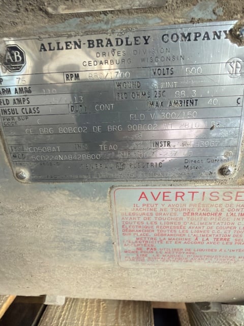 75 HP 850/1700 RPM Allen-Bradley, Frame CD508T, TEAO, 500 Volts - Image 1