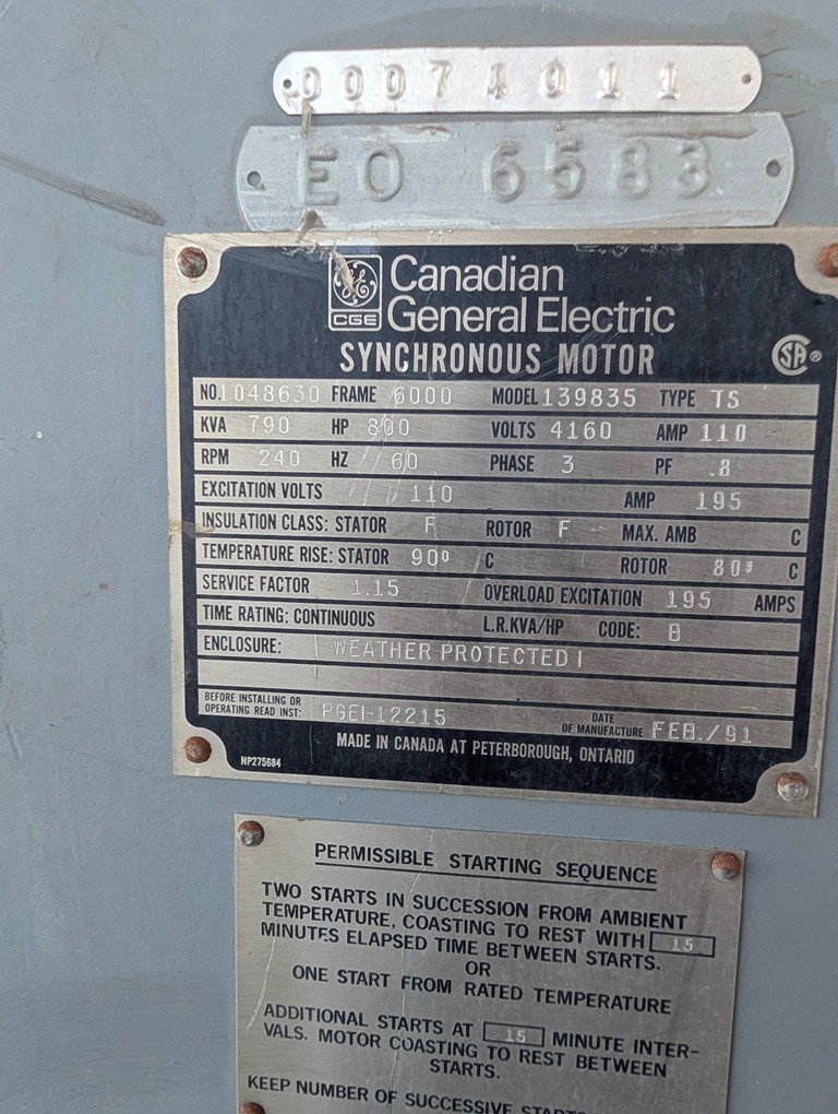800 HP 240 RPM General Electric, Frame 6000, Type TS, Exc Volts 110, 4160 Volts - Image 6