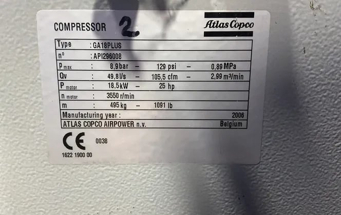 105 cfm, 129 psi, Atlas Copco #GA18Plus, Rotary Screw Air Compressor, 25 HP, 3550 RPM, 2006 - Image 9