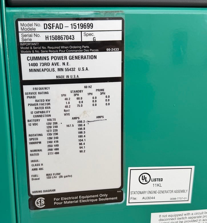 60 KW Cummins / Onan #DSFAD, diesel generator set, 120/208 Volts, 3-phase, 145 HP @ 1800 RPM, QSB5-G3 NR3 - Image 7