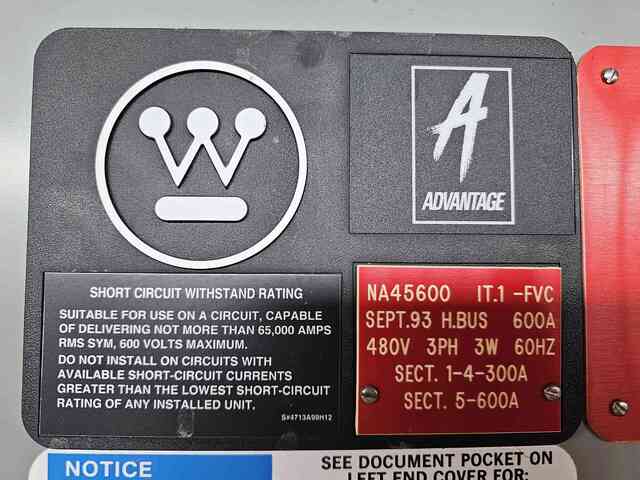 600 Amp, Westinghouse #Advantage, Motor Control Center, 480 Volts, 3PH, 5 Section, MCC Bus - Image 2