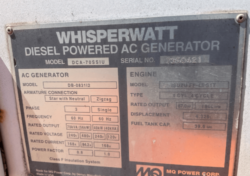 62 KW Multiquip #DCA70SSIU, Trailer Mounted, Tier 3, sound attenuated enclosure, 120/240/208/277/480 Volts, 0 - Image 2