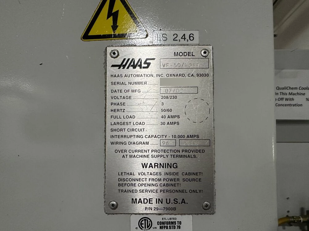 Haas #VF-5, 60" X, 26" Y, 25" Z, 10,000 RPM, 40 automatic tool changer, Cat 40, Haas CNC, 2002 - Image 8