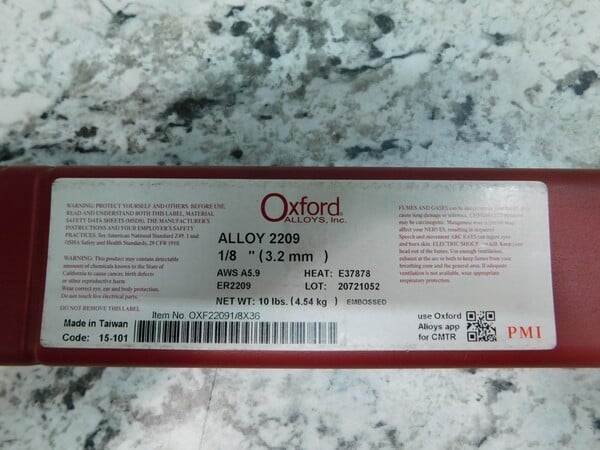 Oxford Alloys #2209, duplex welding rods / electrodes, 1/8" x 36", 20 lb. (2 x 10 lb. tubes), MTR, NEW (2 - Image 4