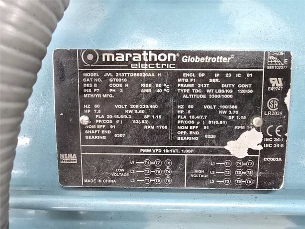Roots #45-U-RAI-DSL, rotary lobe blower, 7.5 HP Marathon motor, 1766 RPM, 460 V., 3 Ph., Una Dyn package - Image 7