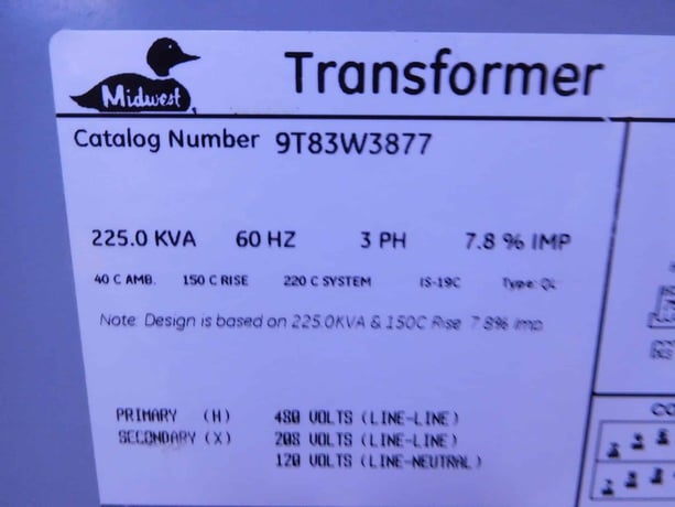 225 KVA 480 Primary, 208Y/120 Secondary, Midwest #9T83W3877, Dry-Type Distribution Transformer, 3PH - Image 3