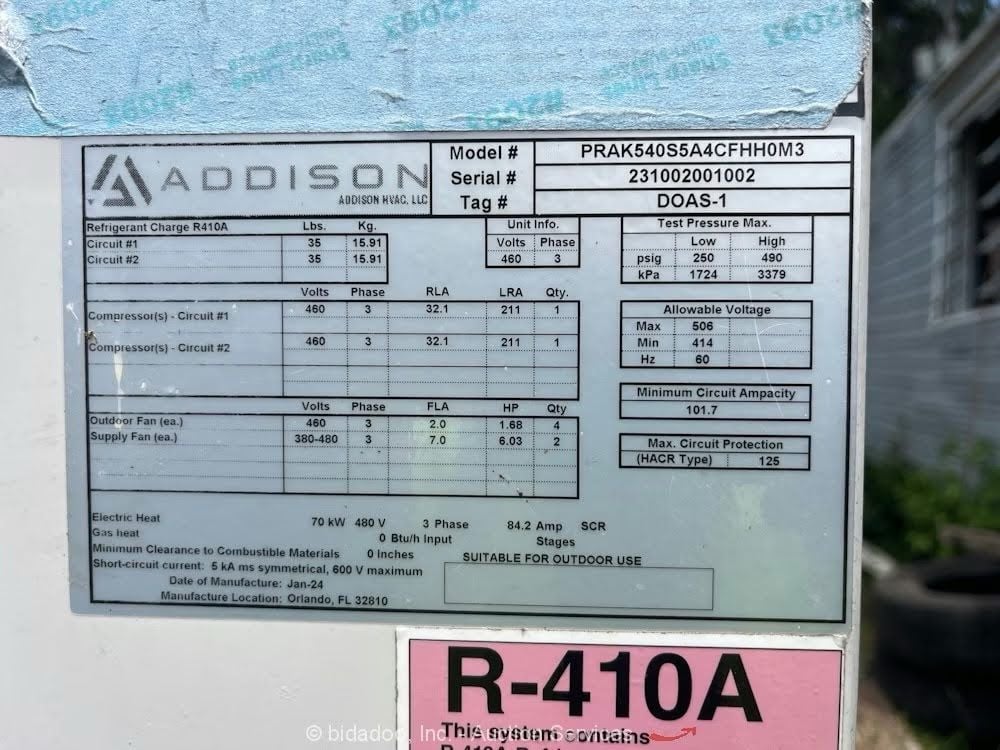 45 Ton, Addison #PRAK540S5A4CFHH0M3 DOAS, side flow cooling only package unit, R410a, 460 V., 3 phase, 2024 - Image 6