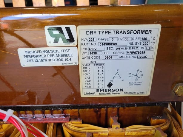 225 KVA 480 Primary, 208/120 Secondary, Emerson #514980P69, Dry Type Transformer - Image 2