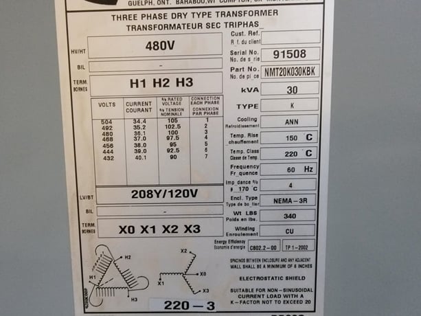 30 KVA 480 Primary, 208/120 Secondary, Hammond Power Solutions #NMT20K030KBK, Dry Type Transformer, Nema 3R - Image 2