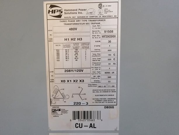 30 KVA 480 Primary, 208/120 Secondary, Hammond Power Solutions #NMT20K030KBK, Dry Type Transformer, Nema 3R - Image 3