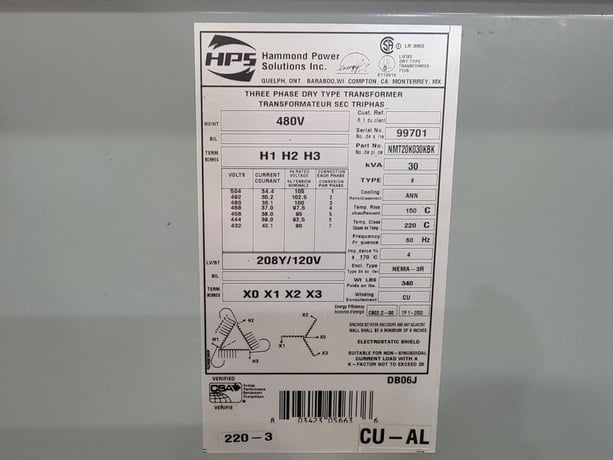 30 KVA 480 Primary, 208/120 Secondary, Hammond Power Solutions #NMT20K030KBK, Dry Type Transformer - Image 2