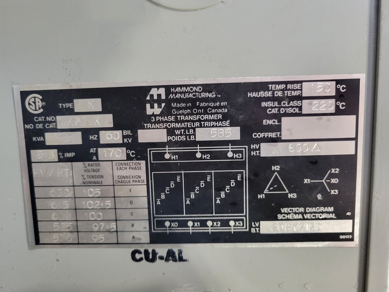 75 KVA 600 Primary, 208/120 Secondary, Hammond Manufacturing #K759K, Dry Type Transformer - Image 2