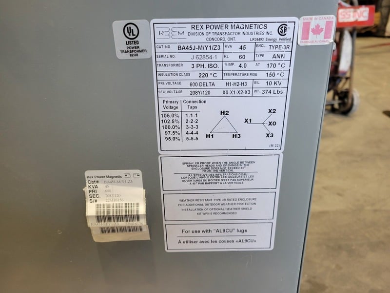 45 KVA 600 Primary, 208/120 Secondary, REX Power Magnetics #BA45J-M/Y1/Z3, Dry Type Transformer, Nema 3R - Image 2