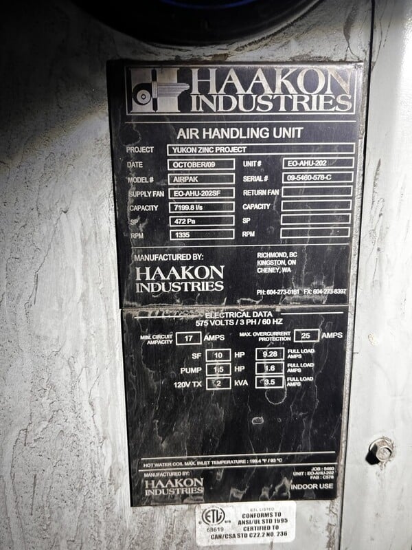 Haakon #AIRPAK, Air Handling Unit AHU - 7,200 L/s - Glycol/Hot Water Coil - 575 Volts, 3PH Industrial HVAC - Image 2