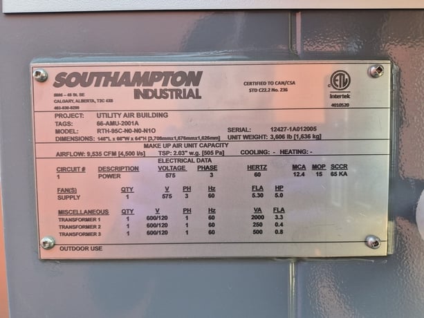Southampton #RTH-95C-N0-N0-N10, Make-Up Air Unit/Air Mixing Unit, 9,535 CFM, 2021, new surplus (2 available) - Image 2