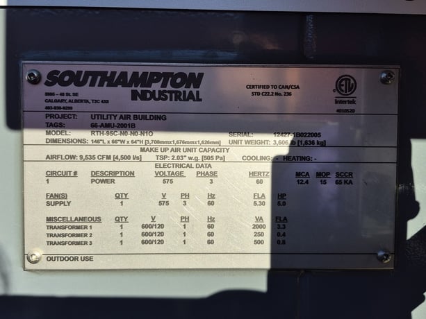 Southampton #RTH-95C-N0-N0-N10, Make-Up Air Unit/Air Mixing Unit, 9,535 CFM, 2021, new surplus - Image 2