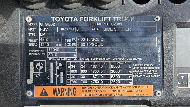 6,500 lb. Toyota #8FGU32, dually forklift, LPG, 187" lift, 3-stage mast, cushion tires, sideshift, 2,746 - Image 2