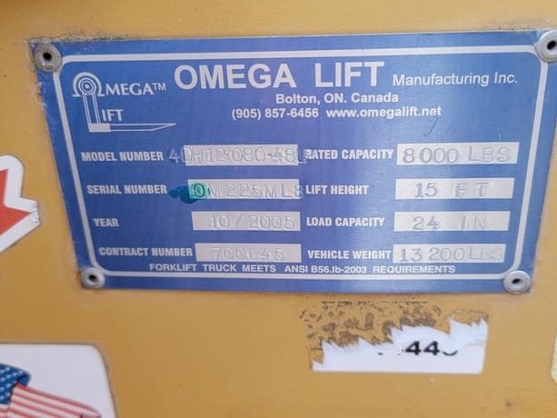 8,000 lb. Omega Design #4DH12-08Q-48P, forklift, 15" lift, 2-stage mast, solid tires, 37 hours, 2005 - Image 2