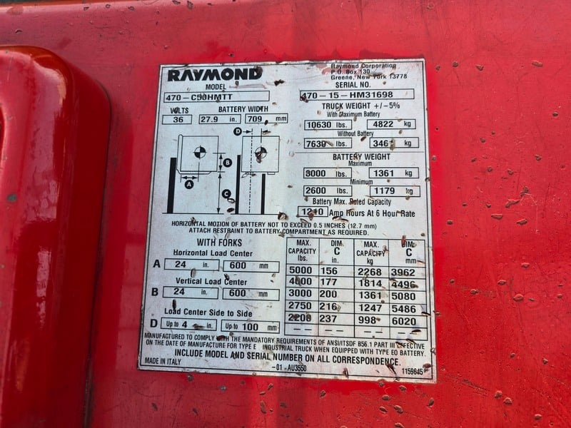 5,000 lb. Raymond #470-C50HMTT, forklift, electric, 189" lift, 3-stage mast, cushion tires, sideshift, 7,199 - Image 2