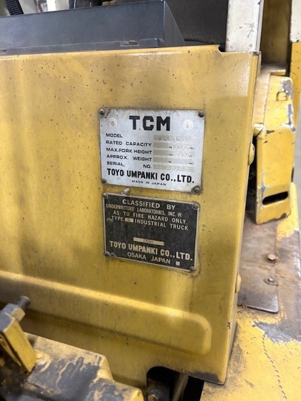 8,000 lb. TCM #FCG36N5, forklift, LPG, 189" lift, 3-stage mast, cushion tires, 7,895 hours, 1984 - Image 5