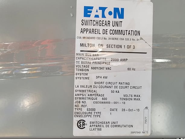 Eaton #S3000, Low Voltage Switchgear Lineup - 2000 Amps, 600Y/347 Volts, 3 Phase, 50kA - 3 Sections, 2013 - Image 2
