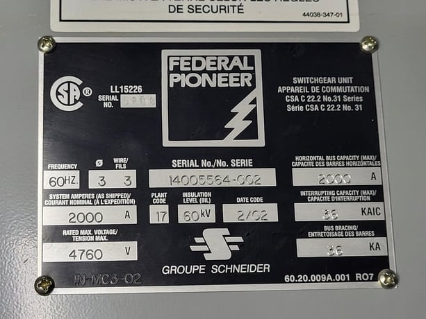 4 KV, Federal Pioneer, 2000 Amps Medium Voltage Switchgear Tie Breaker w/ Square D VR Breaker & SEL Relay - Image 2