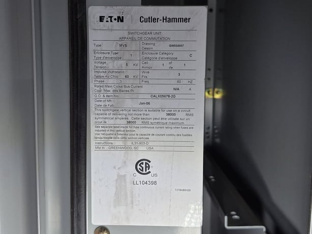 5 KV, Eaton Cutler-Hammer #MVS2, Medium Voltage Switchgear w/ 2400-4169 Volts Transformer 18L0015WH, 2006 - Image 2