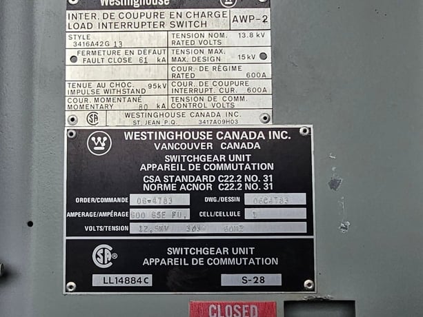 13 KV, Westinghouse #AWP-2, 600 Amps Load Interrupter Switchgear w/ 1000 KVA 12470 Volts-600Y/346 Volts - Image 2