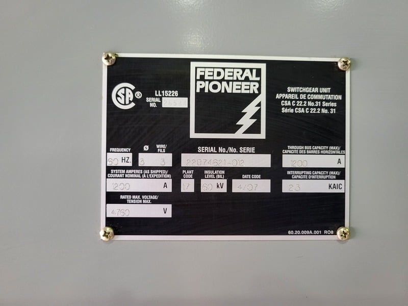 Federal Pioneer, 1200 Amps 4160 Volts Switchgear, Main Breaker & Tie Breaker w/ 2 Auxiliary Units, 2007 - Image 9