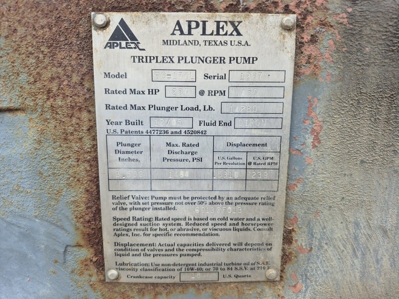 Aplex #SC-170L, Triplex 230 HP Plunger Pump w/ motor, 2005 - Image 2